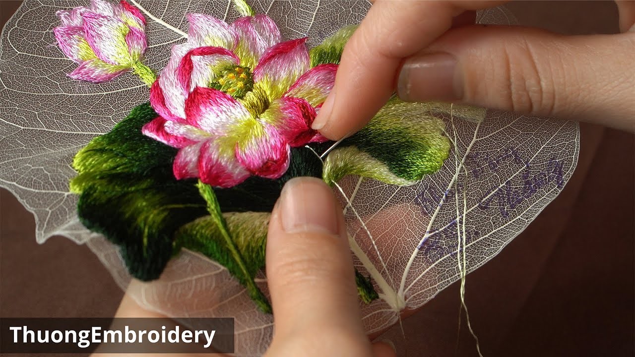 Hand-Embroidery Lotus Flowers on Bodhi Leaves | ThuongEmbroidery