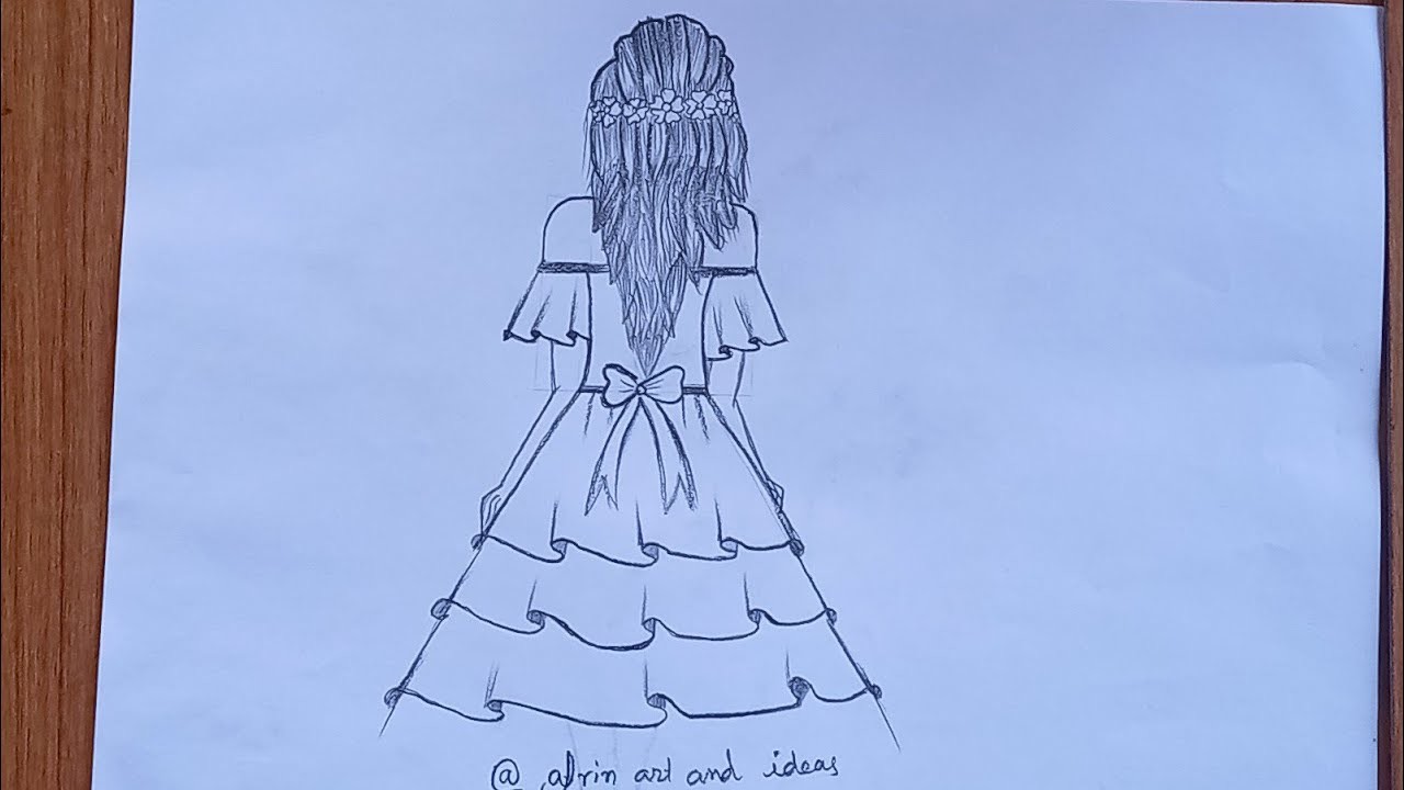 How to draw a girl with beautiful dress||pencil sketch||girl back side drawing easy