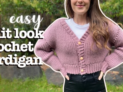 Crochet cropped knit look button up cardigan | easy size adjustable tutorial