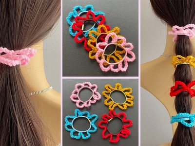 ???? How to Make a Knitting Yarn Crochet Flower Elastic Hair Tie Hair Band | Scrunchie | Laço de cabelo