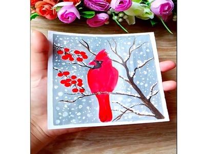 Red bird in winter painting ||@Jenyscanvas