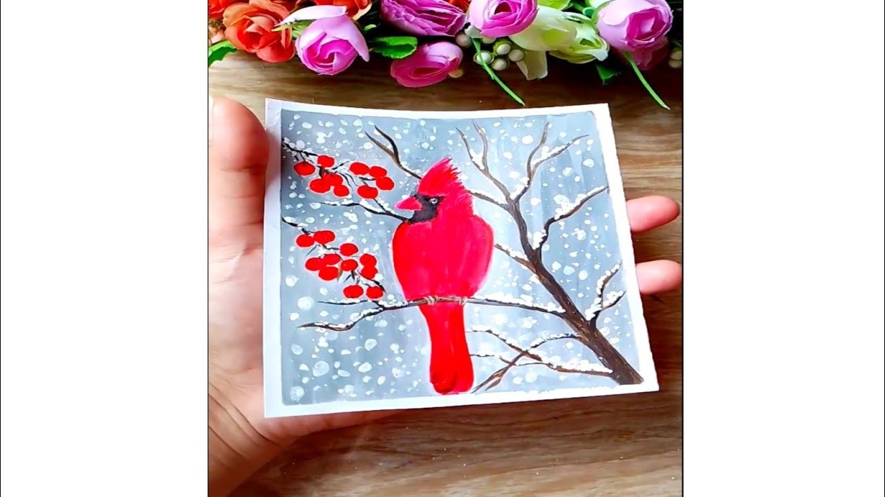 Red bird in winter painting ||@Jenyscanvas