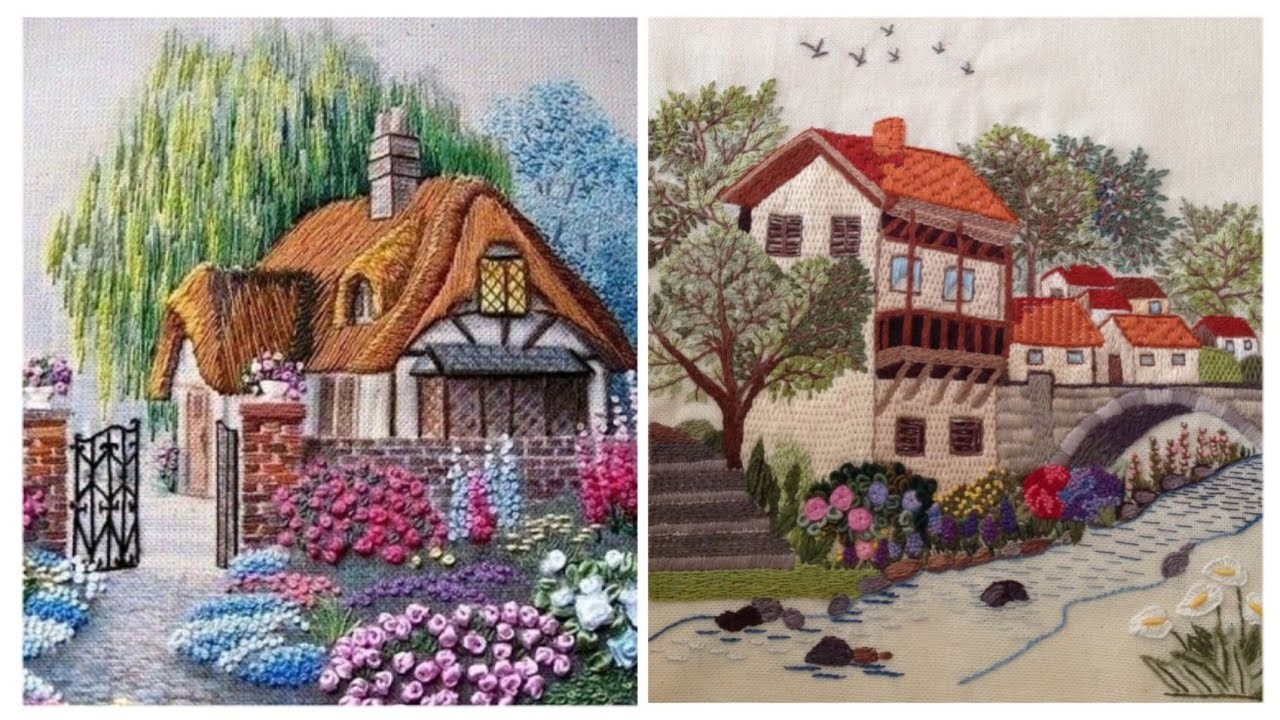 Beautiful Houses Hand Embroidery Patterns. Natural Scenery Hand Embroidery
