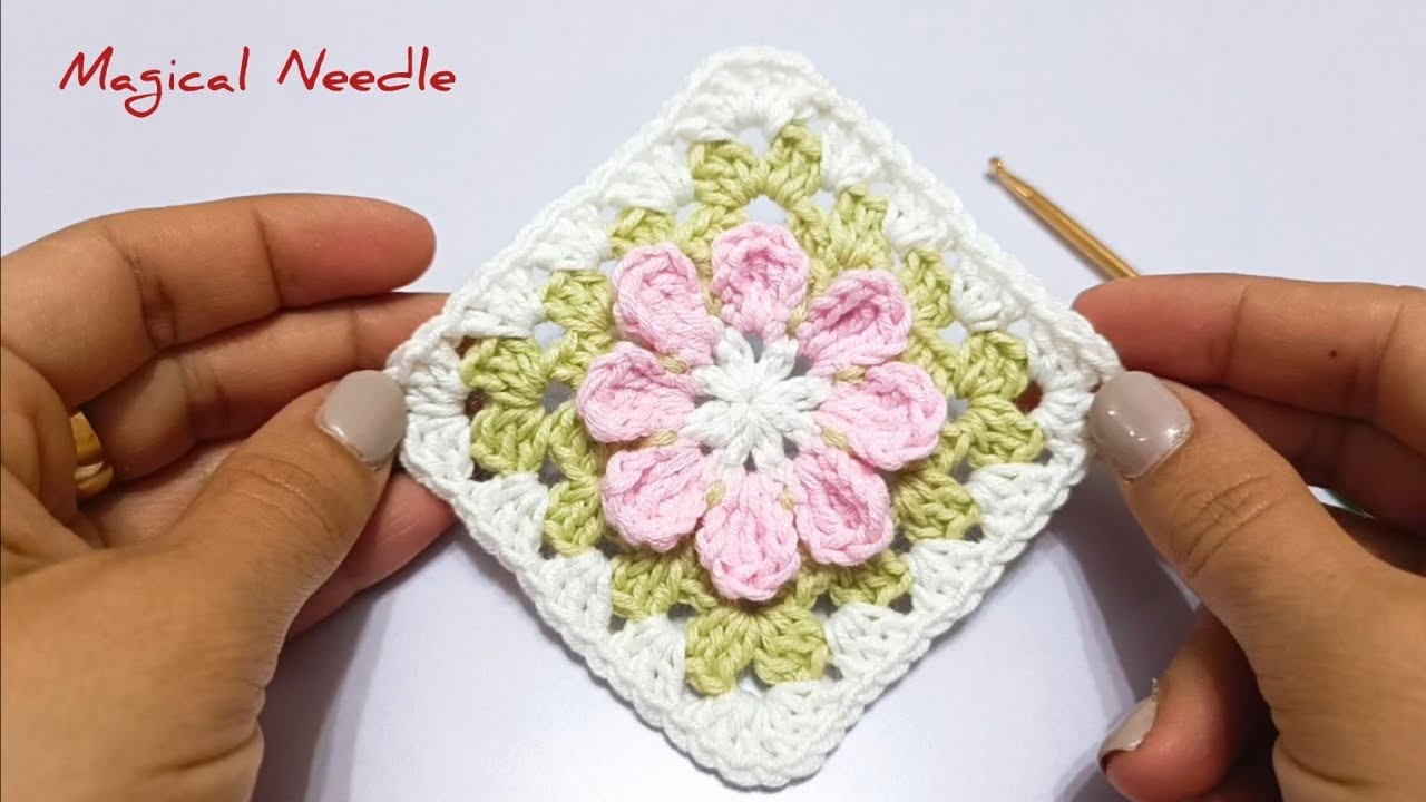 Crochet:How to crochet a granny square.crochet 3D Flower Motif.for top.blanket.dress.skirt.cardigan
