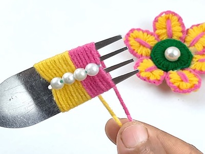 Cute Hand Embroidery Amazing Flowers - Easy Woolen Flower Making Trick with Fork