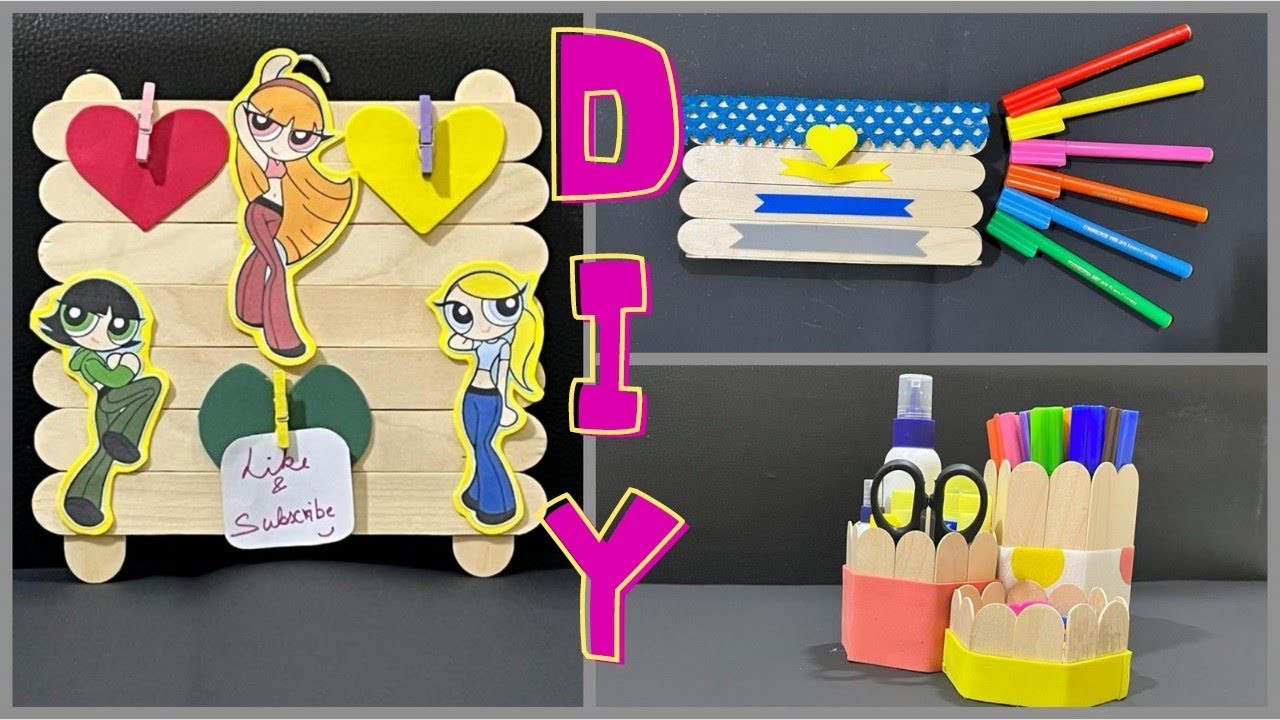 4 COOL! DIY POPSICLES CREATIVE IDEAS.PEN STAND, PENCIL PURSE ,CLIP FRAME.MAKE IT WITH YOUR FRIENDS