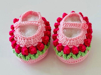 Crochet baby shoes for 0-3 months. Crochet Tulip Baby Booties (English)
