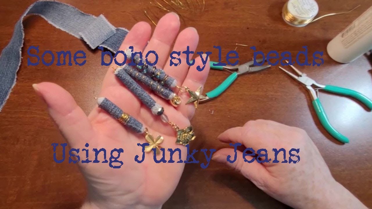 Using junky jeans part 2 .  boho style bead things!