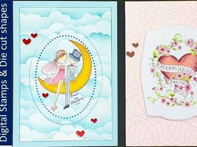 Valentine Cards | Pop central image with shape dies | Digital stamps | Foling with Laminator