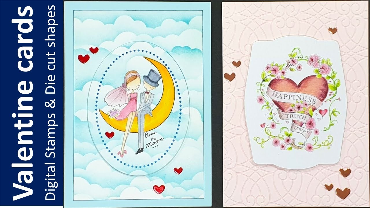 Valentine Cards | Pop central image with shape dies | Digital stamps | Foling with Laminator