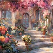 Floral Courtyard Cross Stitch Pattern