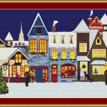 Cat At The Christmas Village Cross Stitch Pattern