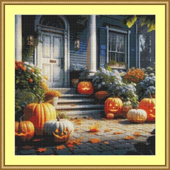 Pumpkins On The Steps Cross Stitch Pattern