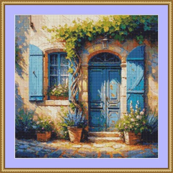 Blue Door And Shutters Cross Stitch Pattern