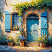 Blue Door And Shutters Cross Stitch Pattern