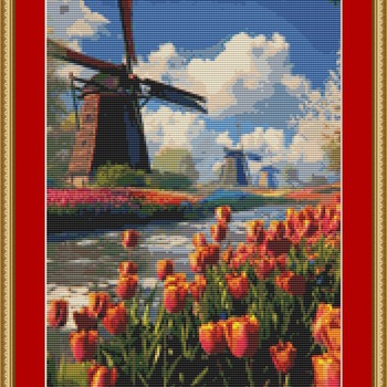 Tulips And Windmills Cross Stitch Pattern