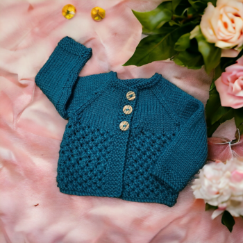 Hand knitted baby cardigan in teal 0- 3 months