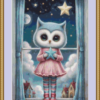 Owl And Blue Star Cross Stitch Pattern