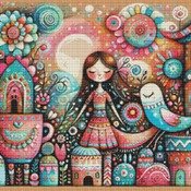 Bird And A Girl Cross Stitch Pattern