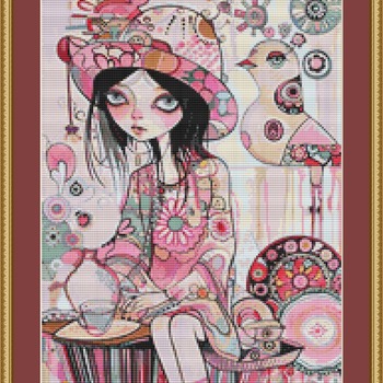 Whimsical Girl And Bird Cross Stitch Pattern