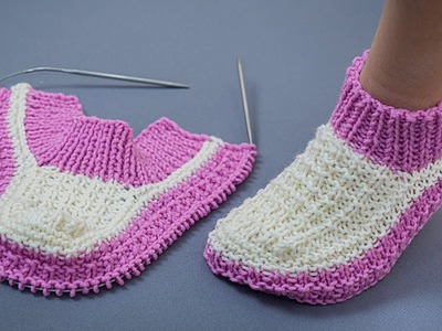 Knitted slippers without a seam on the sole “Orchid”- even a beginner can handle it!