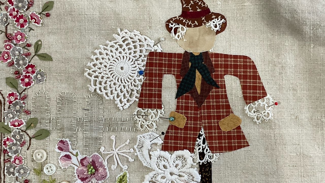 Part 28 French Garden. Scarecrow #roxysjournalofstitchery #slowstitch #appliquescarecrow