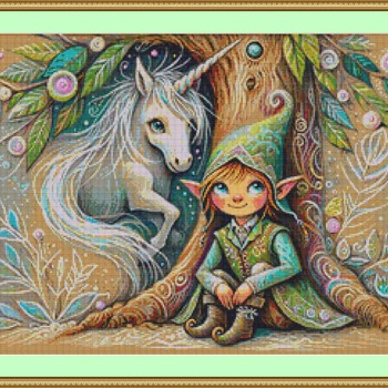 Elf And Unicorn Cross Stitch Pattern