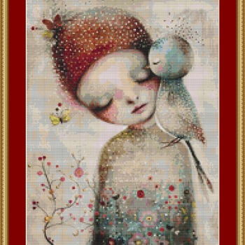 Girl And Whimsical Bird Cross Stitch Pattern