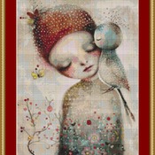 Girl And Whimsical Bird Cross Stitch Pattern