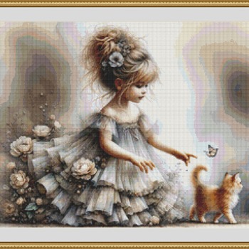 Little Girl And Kitten Cross Stitch Pattern