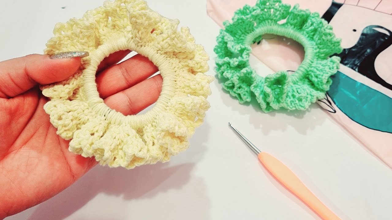 Diy fast and easy crochet hair scrunchie _ crochet very cute hair tie tutorial