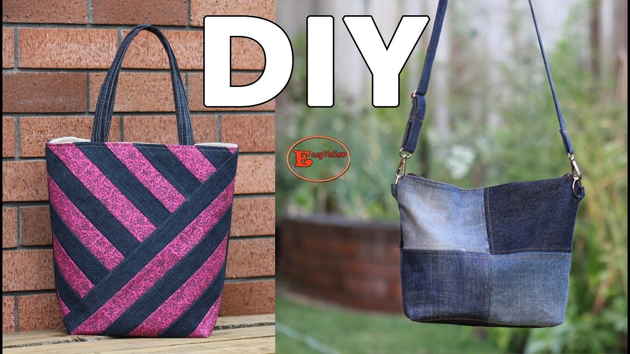 2 AMAZING BAG SEWING PROJECTS | STRIPE PATCHWORK TOTE BAG AND ZIPPER DENIM CROSSBOEY BAG