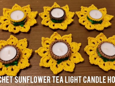 Crochet sunflower tea light candle holder