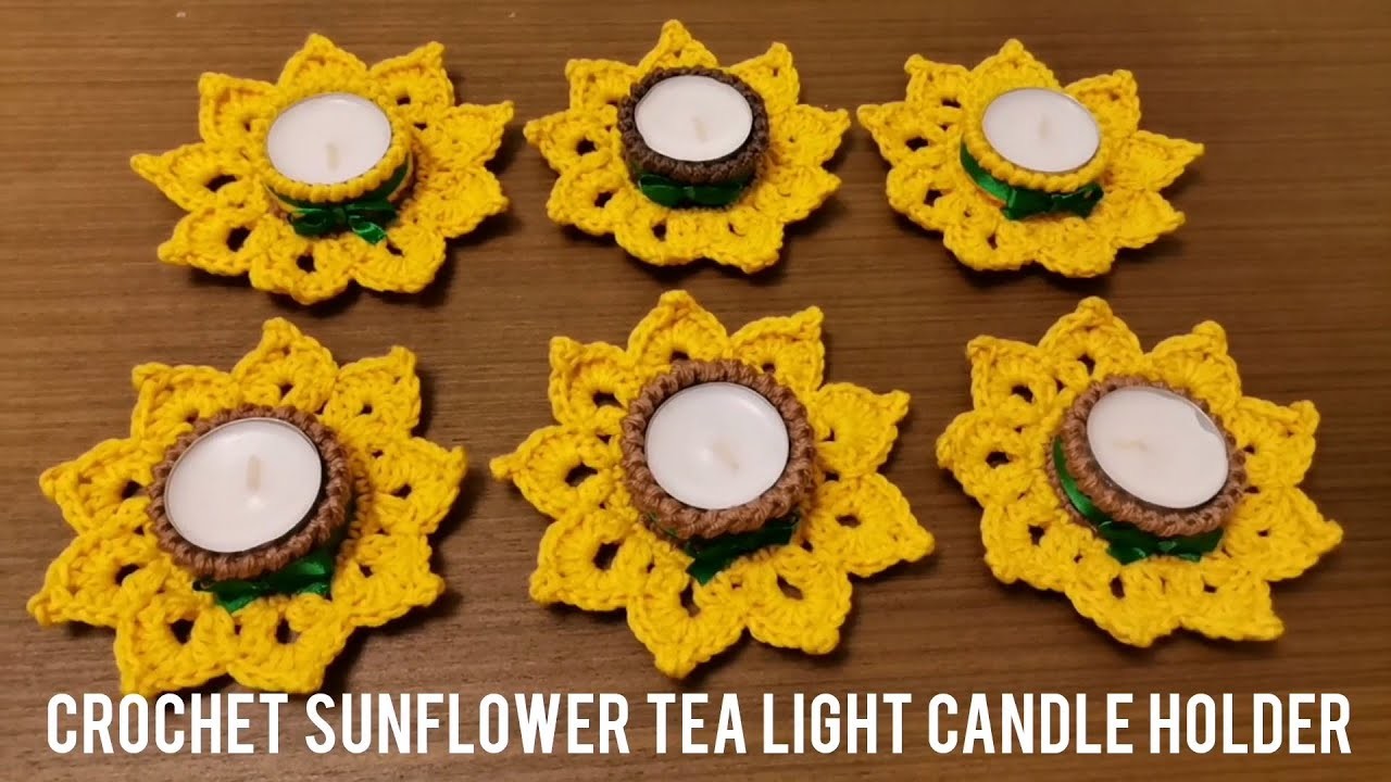 Crochet sunflower tea light candle holder