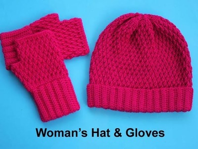 Crochet Woman's Beautiful Beanie.Alpine Stitch Ladies' Crochet Beautiful Hat with Gloves
