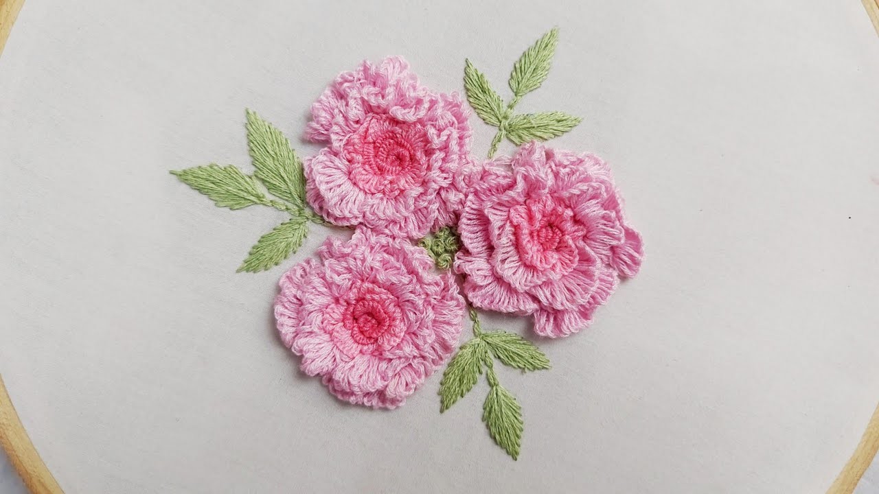 Embroidery - Beautiful Pink Roses Embroidery - Easy  Brazilian Stich Rose flowers | Snowy Rose |