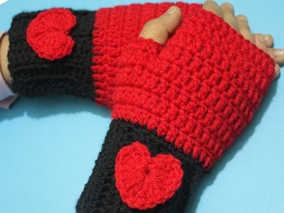 Woolen Crochet Ladies & Girls Fingerless Gloves. Red Heart Gloves for valentines Gift