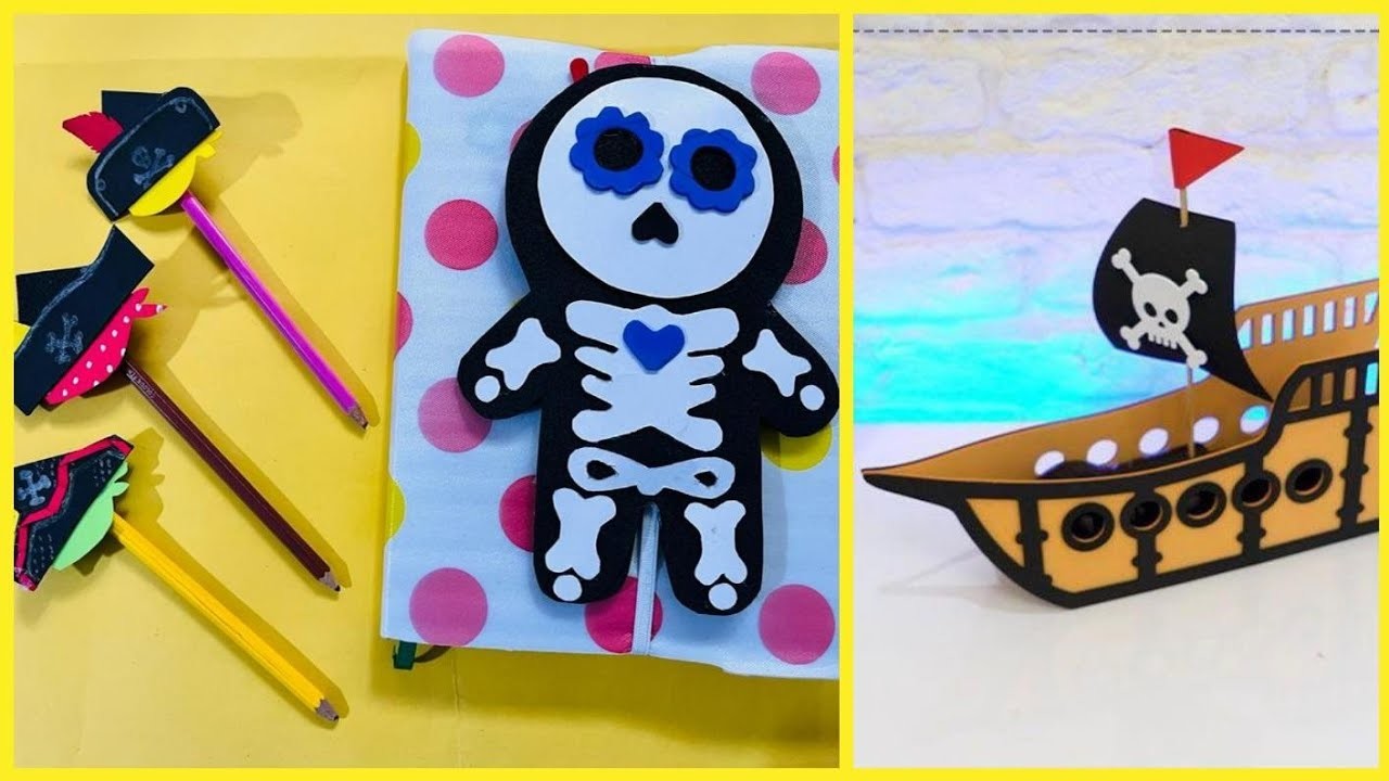 3 DIY SCHOOL SUPPLIES TRY THESE SPOOKY IDEAS.PIRATE SHIP,SKULL PENCIL POUCH AND PENCIL TOP