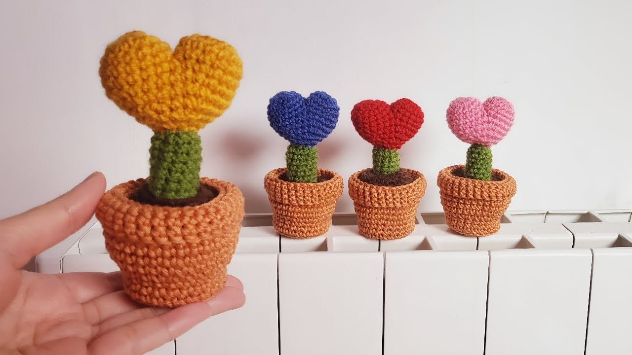 Crochet???? HEART in a POT amigurumi mini pot tutorial step by step for beginners