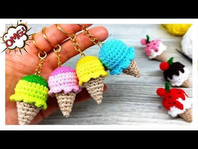 NO SEW❗ How to (Amigurumi) Crochet For Beginners? Mini İce Cream -Tığ işi Dondurma Anahtarlık