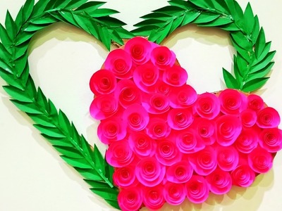 Easy &Beautiful WallDecor Diy Hearts||Paper Craft|| Pink roses and Green leaves || cardboard #diy