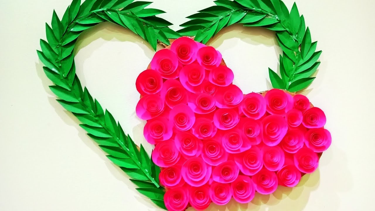 Easy &Beautiful WallDecor Diy Hearts||Paper Craft|| Pink roses and Green leaves || cardboard #diy